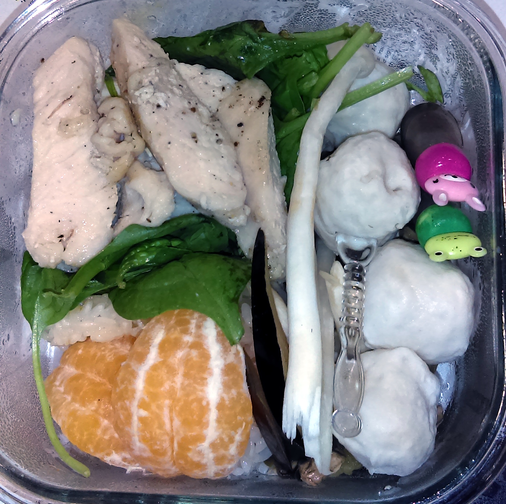  a glass bento box with cuttlefish meat balls, chunks of chicken with visible pepper specks, and a peeled orange with spinach pokeing fromunderneath it. decorate sauce containers are tucked between items